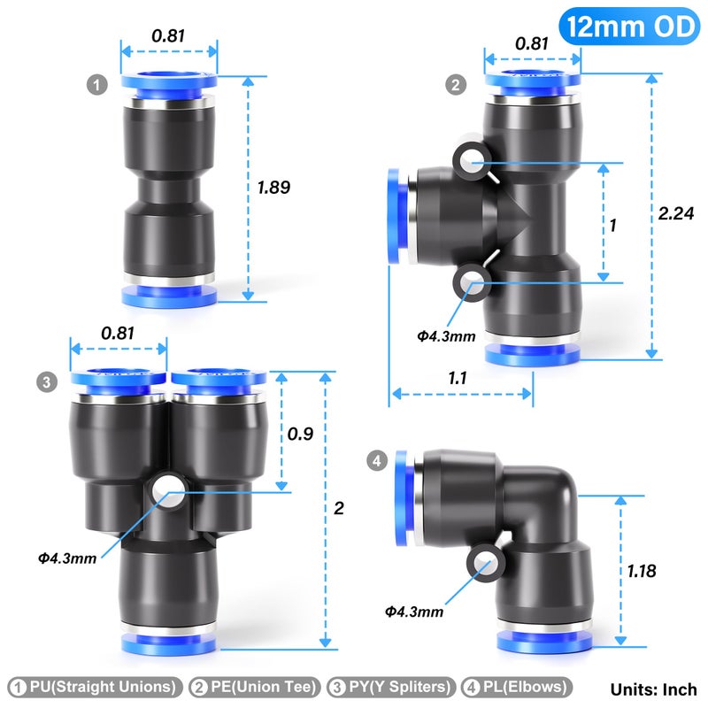 TAILONZ PNEUMATIC 12mm od Push to Connect Fittings Pneumatic Fittings Kit 5 Spliters+5 Elbows+5 tee+5 Straight (20 pcs) - Image 2
